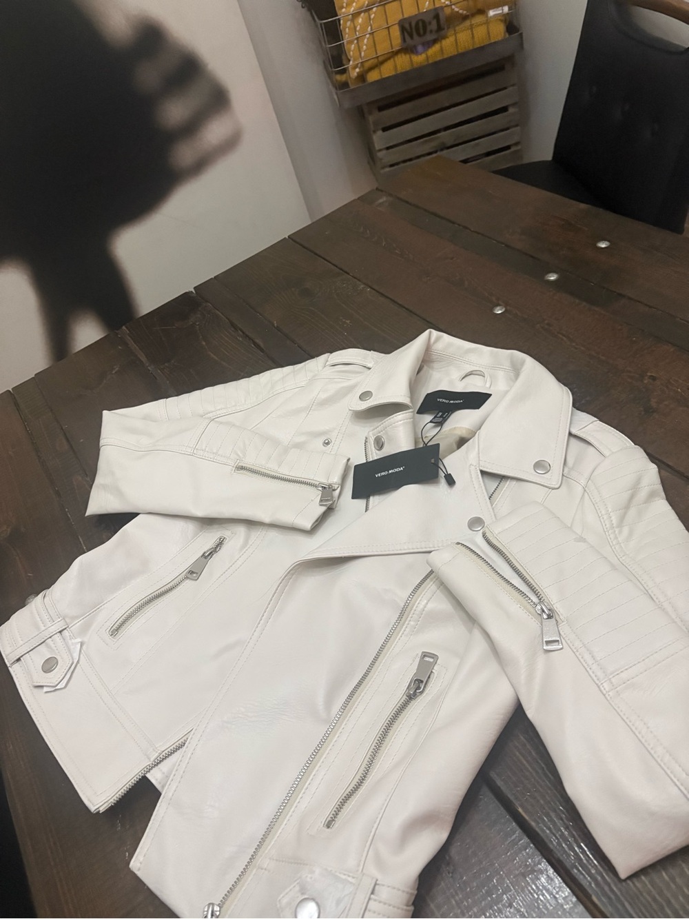 Vero Moda Cream Faux Leather Moto Jacket with Silver Hardware